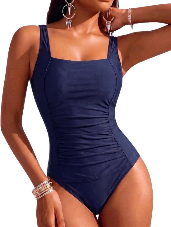 Firpearl Other - Navy Square-Neck Ruched One-Piece Swimsuit - Women Swim